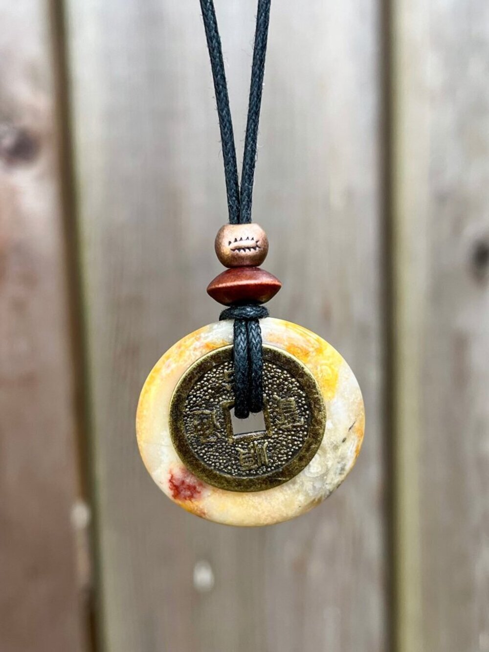 Crazy Lace Agate Lucky Coin Pendant Necklace Yellow | Handmade